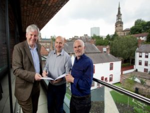Paul Callaghan, Chair of Live Theatre, Darren Jobling, CEO, ZeroLight and Jim Beirne, Chief Executive Live Theatre sign the lease on the tenancy for Live Works