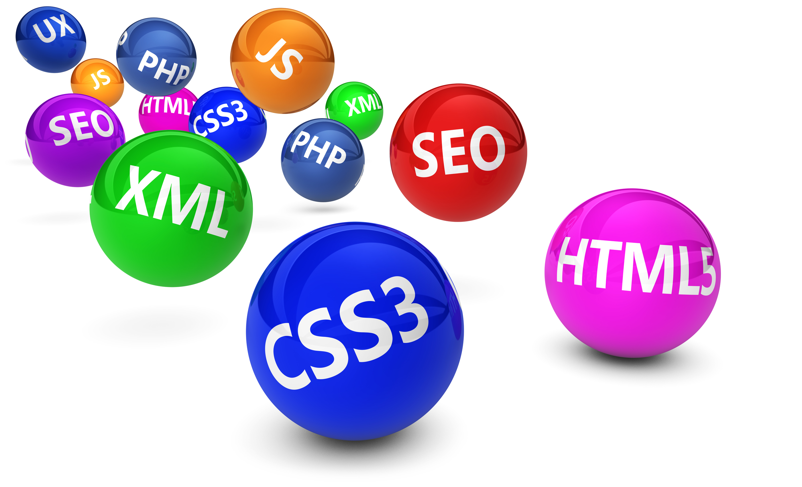 Webdesign, Internet and SEO concept with programming language sign on colorful bouncing spheres on white background.