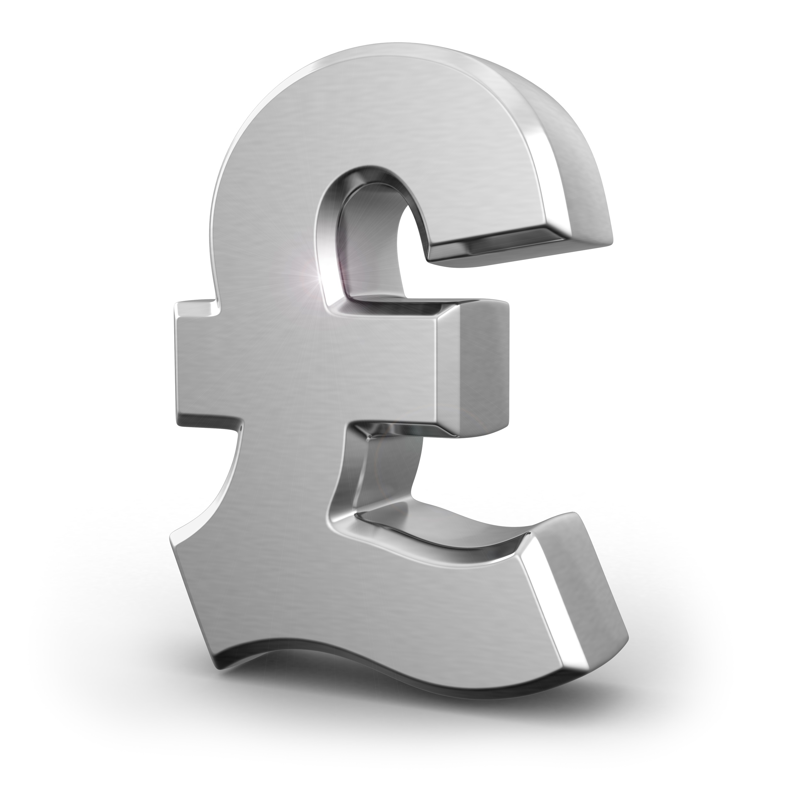 Silver pound currency sign on white isolated background. 3d