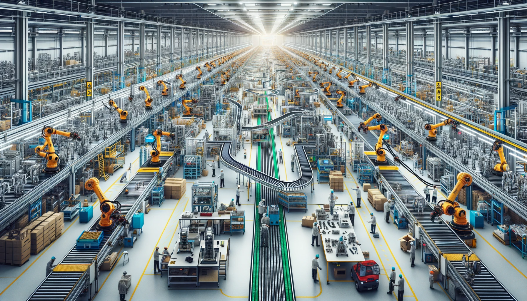 DALL·E 2023-11-02 14.14.57 - Wide photo of a spacious, bustling robot manufacturing facility. Stretched conveyor belts transport elongated robot parts, workers of diverse descent